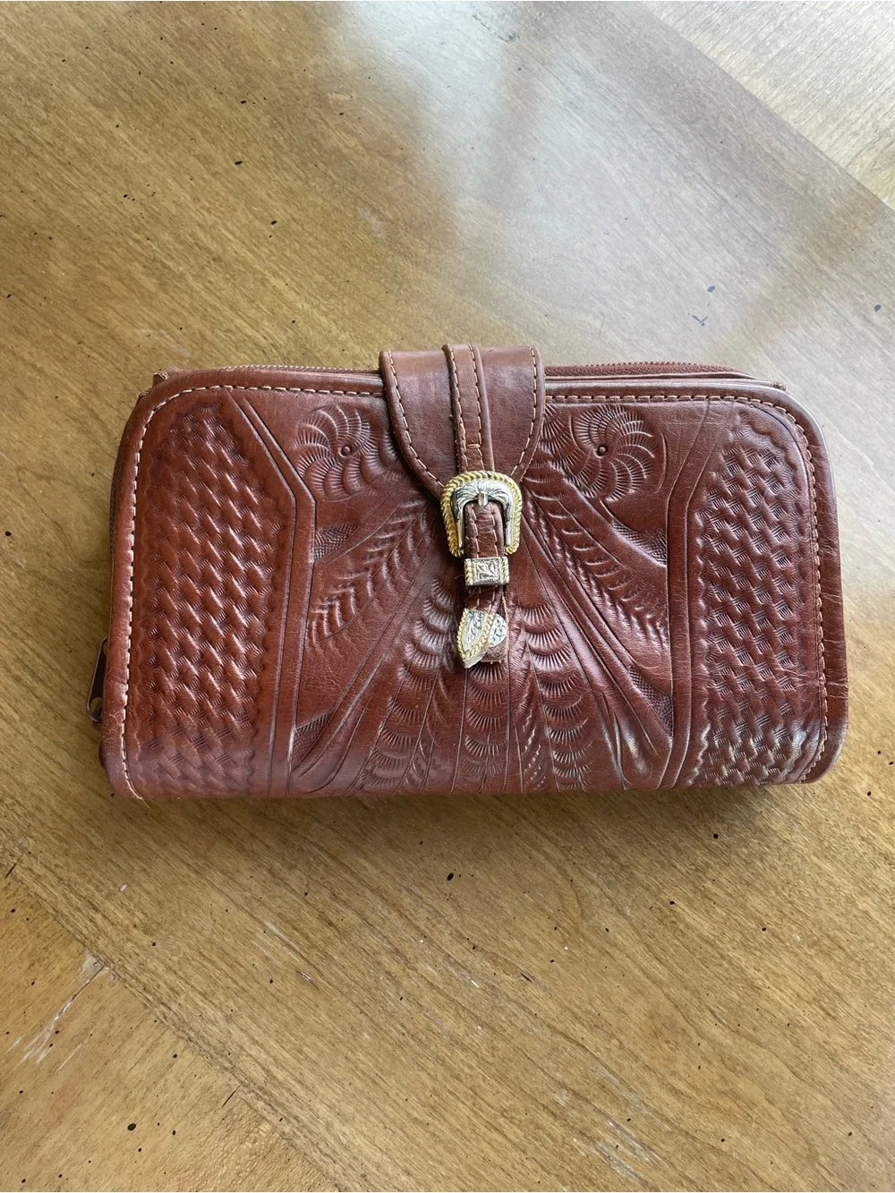 Vintage Western Brown Tooled Leather Clutch with Silver & Gold Tone Buckle